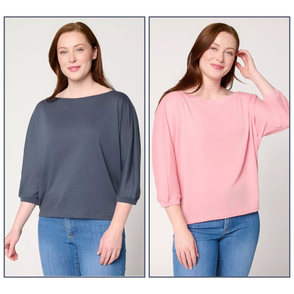Barefoot Dreams Malibu Slub Jersey 2 Pack Dolman Tees - Indigo/PinkRose, L